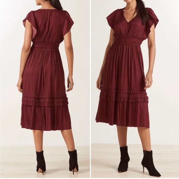 Roan + Ryan Evereve Talulah Wine Satin Shirred Tiered Ruffle Trim Midi Dress M - Picture 2 of 8